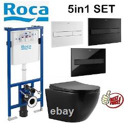 Roca 1.12m Concealed Cistern Wc Frame With Black Rimless Wall Hung Toilet Pan