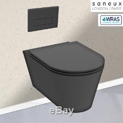 SANEUX Wall Hung WC Toilet Pan & Concealed Cistern Frame Anthracite Matt Black