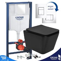 Square Black Rimless Wall Hung Toilet & GROHE 1.13m Concealed WC Cistern Frame