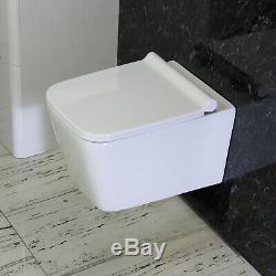Toilet WC Wall Hung Mounted Square Ceramic Bathroom Soft Closing Seat W5