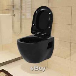 VidaXL Wall-Hung Toilet Ceramic Black Home Bathroom Furniture WC Seat Fixture