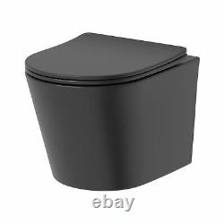 Wall Hung Black Rimless Toilet Pan Soft Close Seat Bathroom Modern