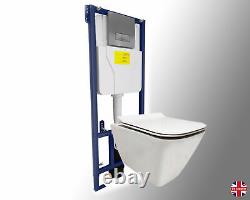 Wall Hung Cistern Frame With Square Toilet Pan & Slimline Soft Close Seat