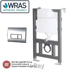 Wall Mounted Toilet Fixing Frame Cistern & Square Chrome Pneumatic Push Plate