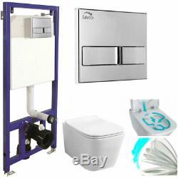 Wc Frame + Cistern + Flush Plate + Wall Hung Rimless Toilet + Soft Closing Seat