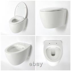 White Bathroom Wall Hung Round Rimless Toilet WC Pan Soft Close Seat 380 x 570mm