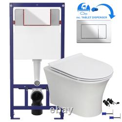 White Round Rimless Wall Hung Pan & Soft Close Seat Toilet & Flush Plate Sets