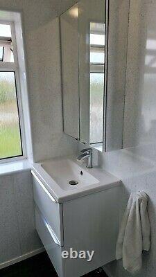 White shower room suite wall hung vanity unit tray screen mirror cabinet toilet
